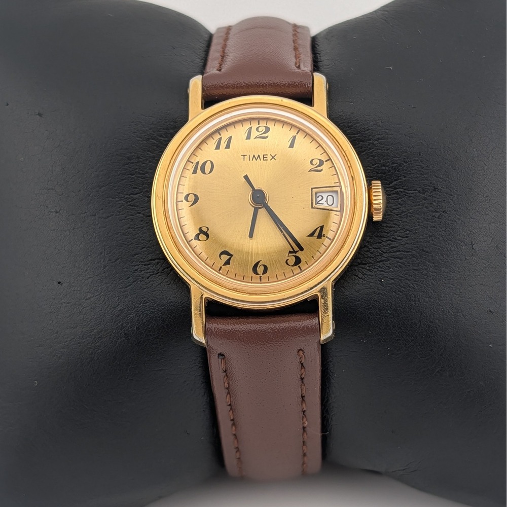 Timex Mechanical Date Watch Gold Tone Sunburst Dial Brown Strap Vintage 1970s